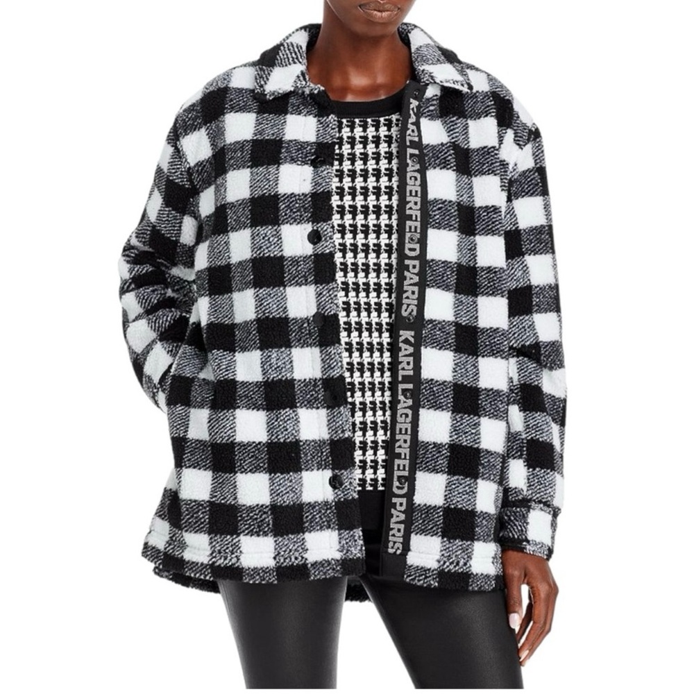 Karl Lagerfeld Buffalo Plaid Black White Teddy Women’s Jacket Size Large NWT